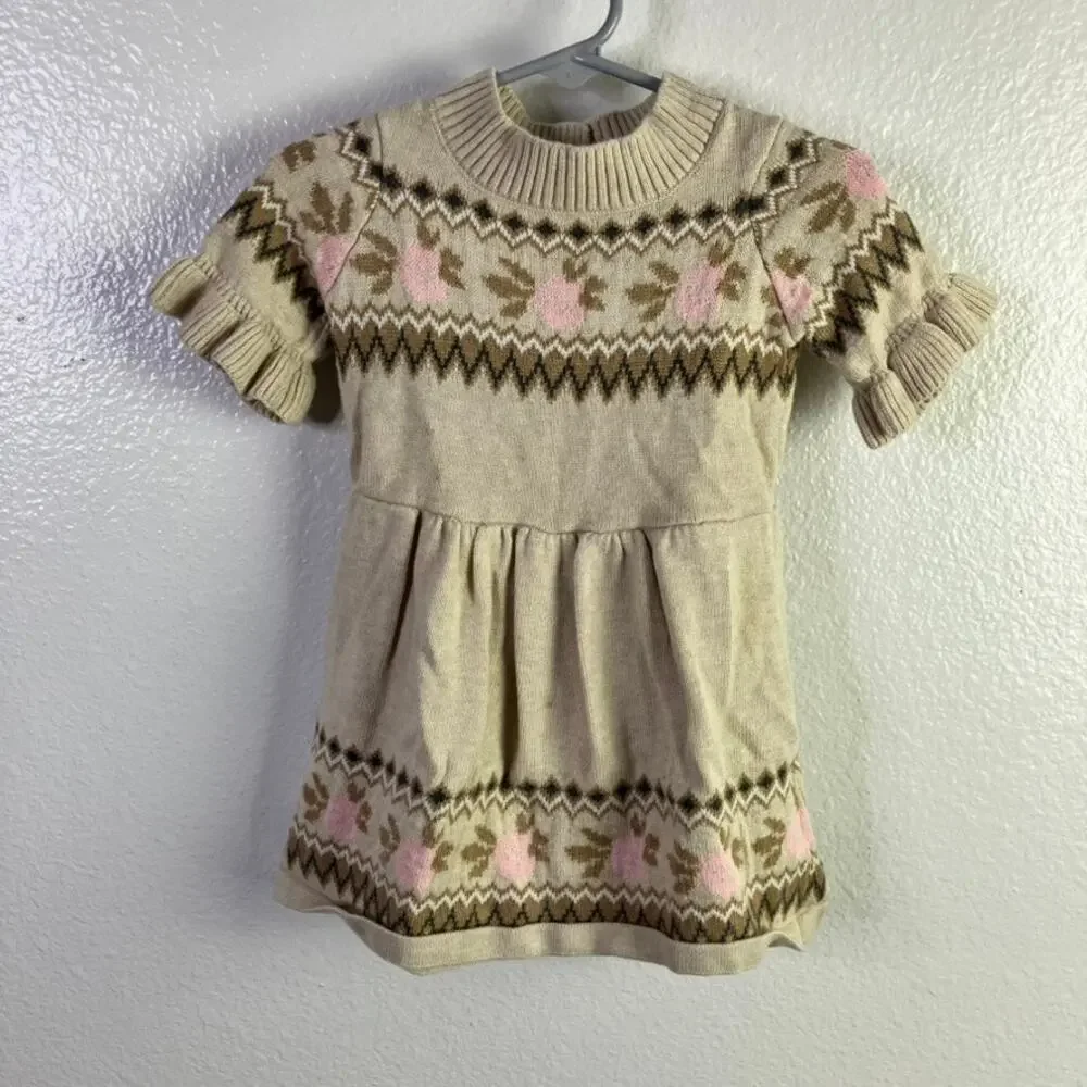 Janie and Jack 12-18m Fair Isle Flowers Knit Sweater Dress Beige Ruffle Autumn